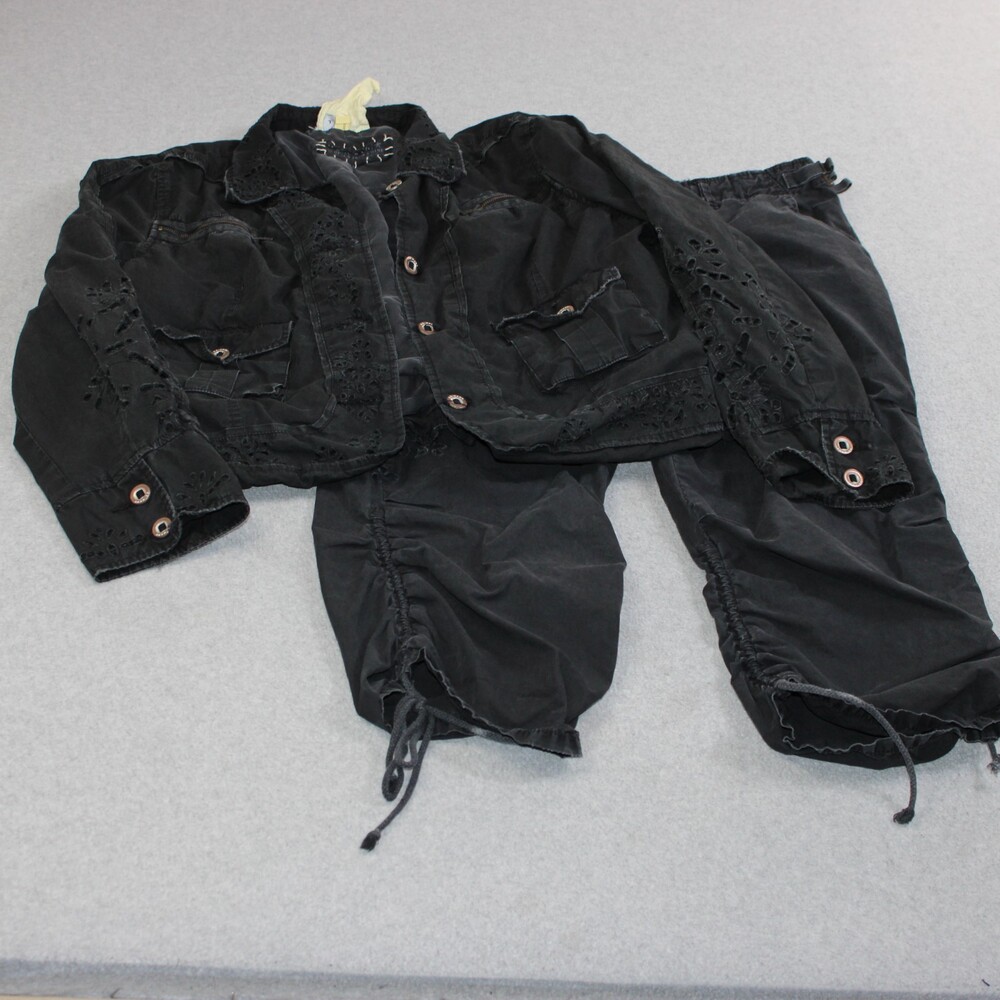 Vintage Da-Nang Jacket Pants Outfit Women Large Black Boho Crop Flower Set Y2K